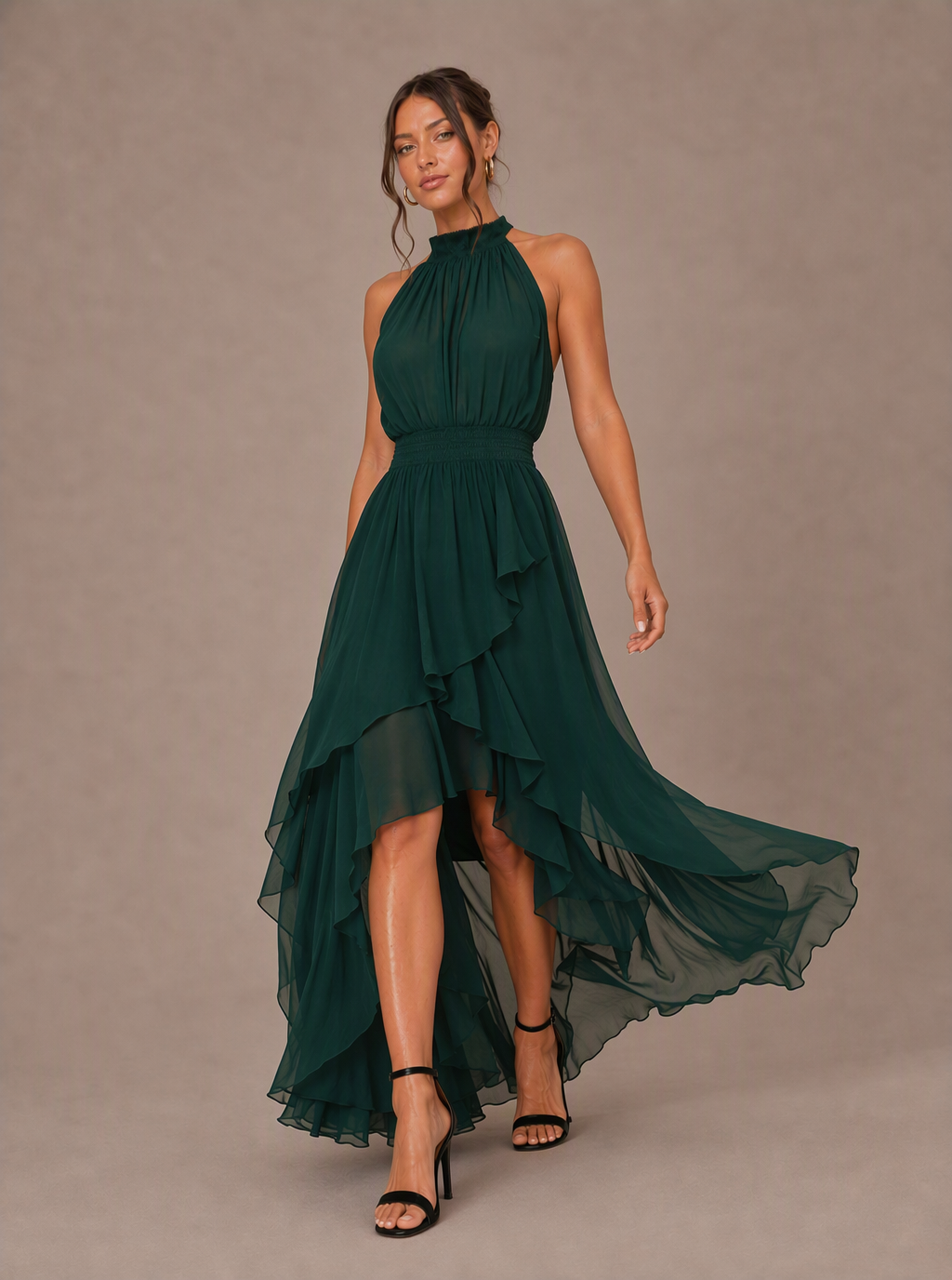 Zephrina Roseline halter ruffle high-low chiffon maxi dress in dark green