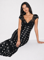 Zephrina polka dot lace-trim maxi dress with cap sleeves