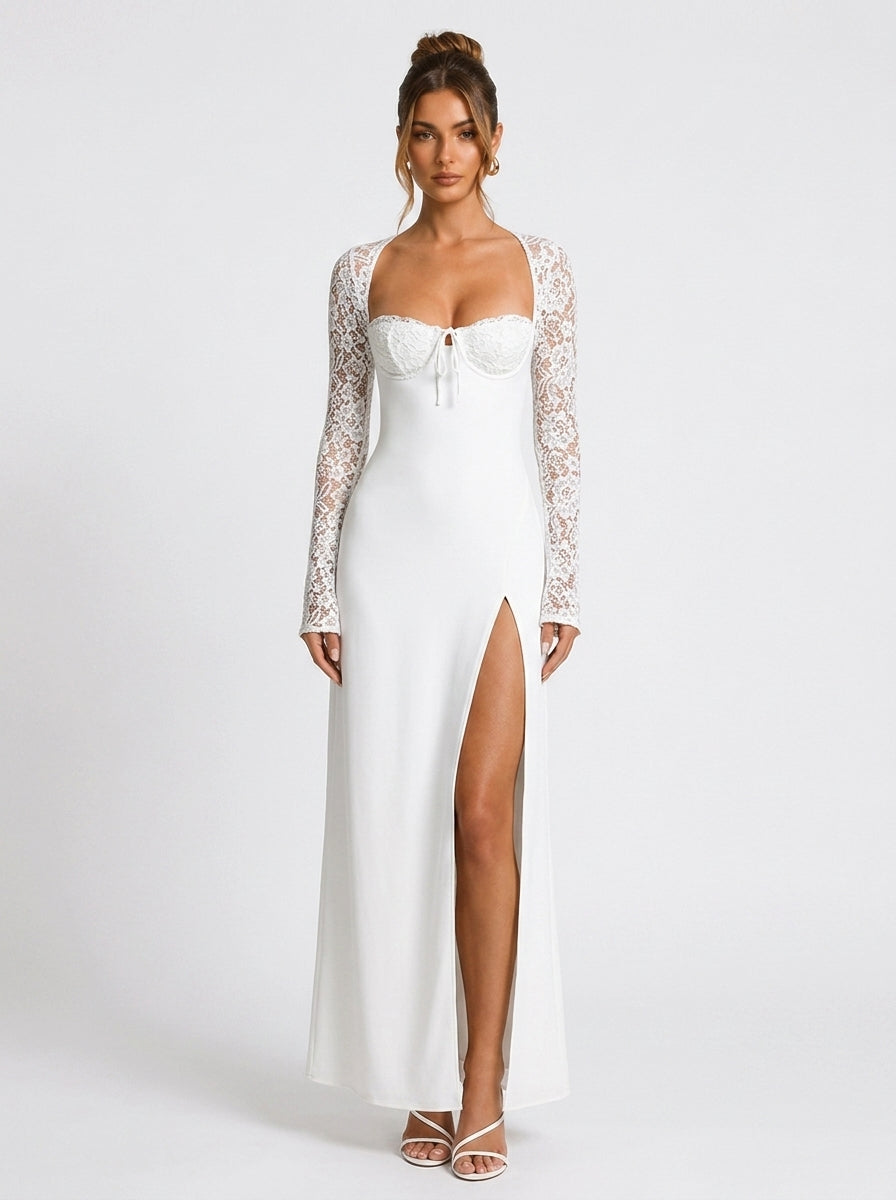 Zephrina Odalise lace sleeve slit maxi dress in white