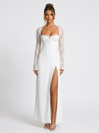 Zephrina Odalise lace sleeve slit maxi dress in white