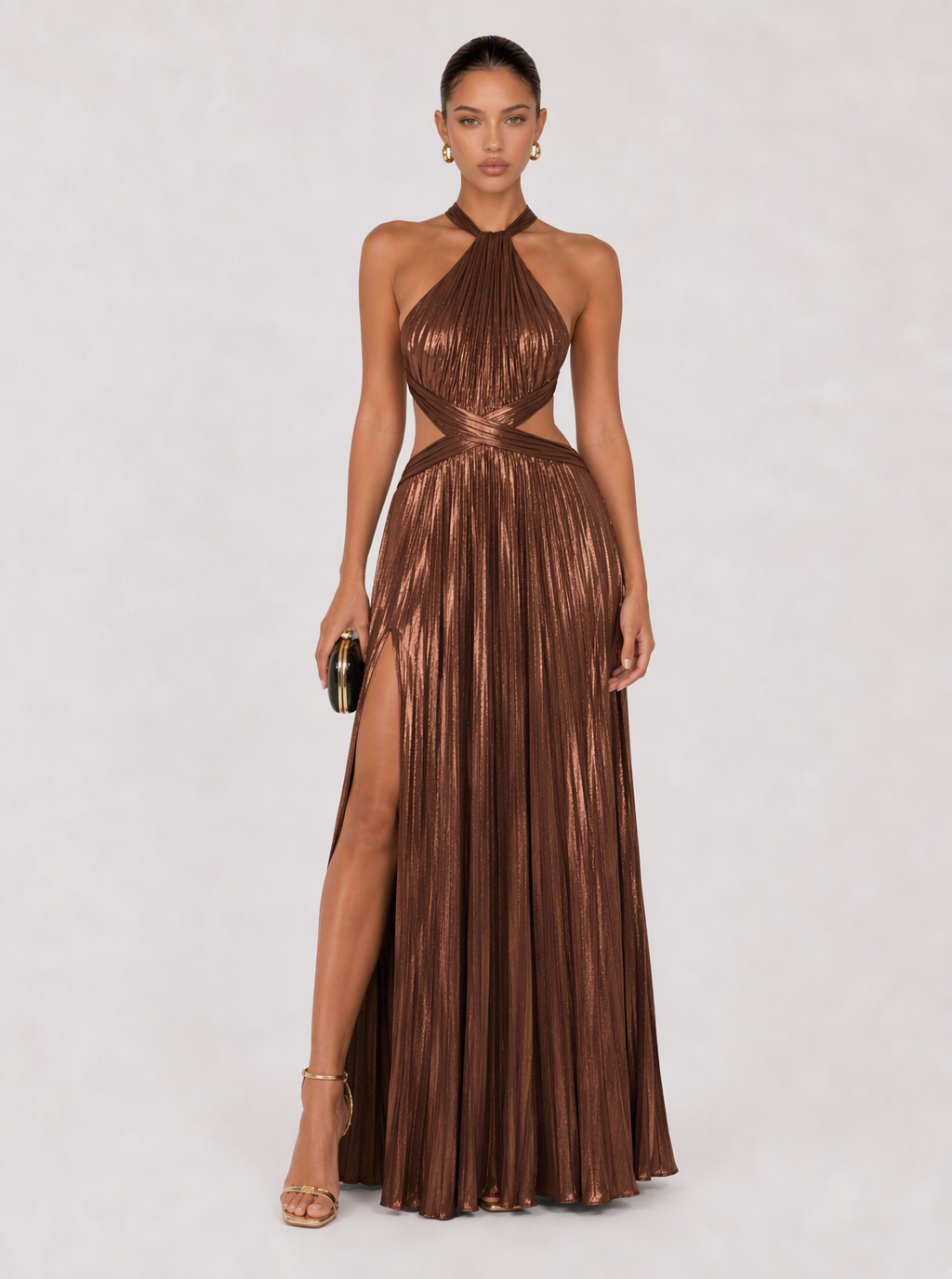 Zephrina Liselotte metallic pleated halter maxi dress in golden brown