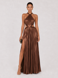 Zephrina Liselotte metallic pleated halter maxi dress in golden brown