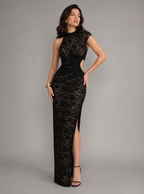 Zephrina Roswitha cutout lace slit maxi dress in black