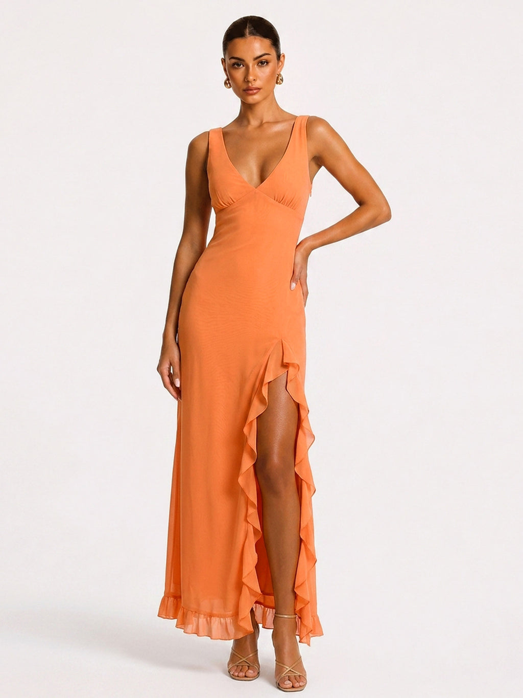 Zephrina Ruffle Slit Midi Dress Deep V Backless Evening Long Gown