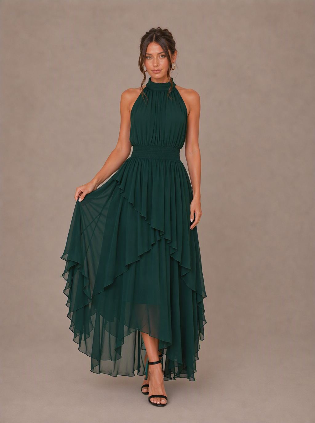 Zephrina Roseline halter ruffle high-low chiffon maxi dress in dark green
