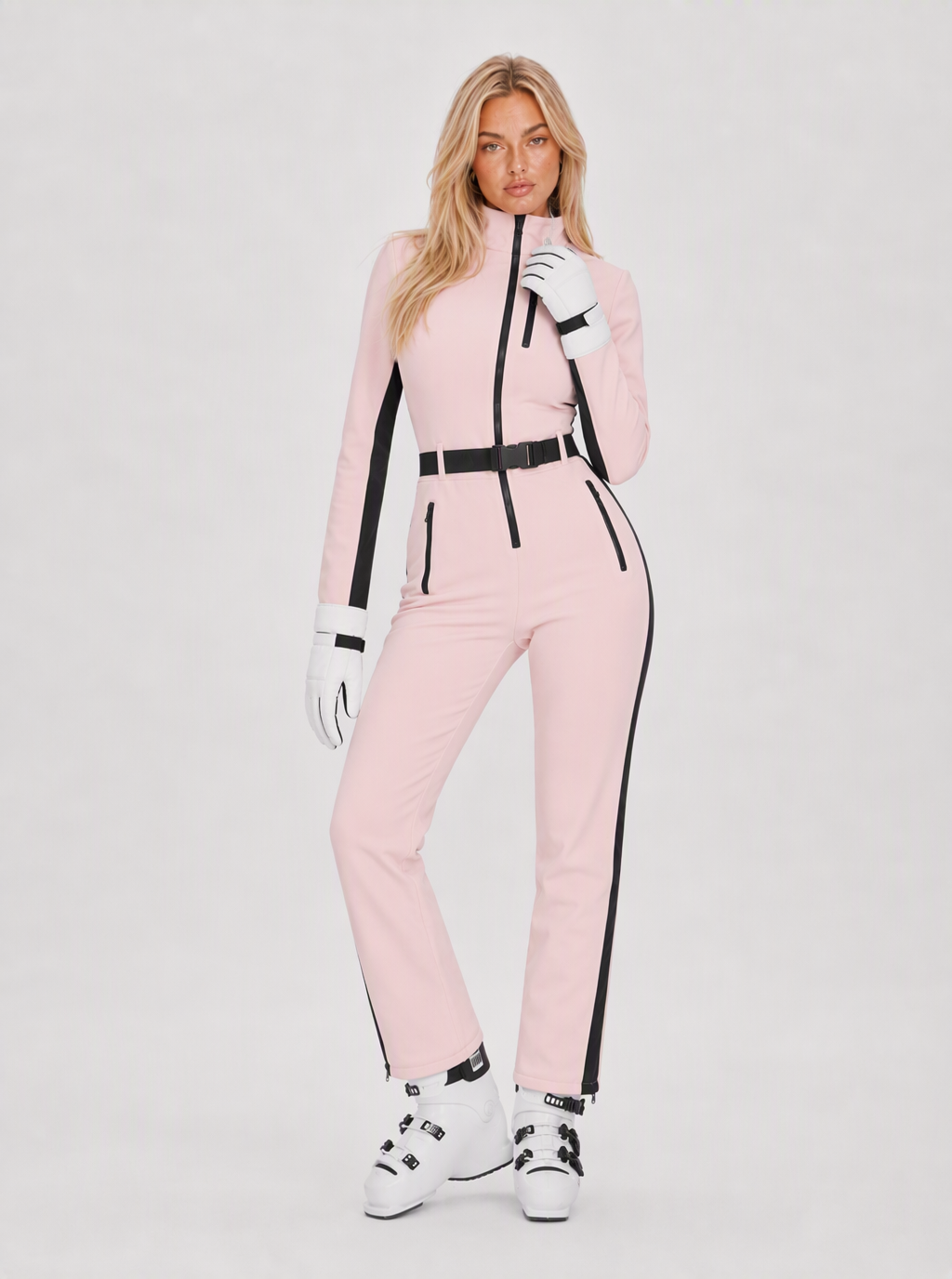 Zephrina Jorunn contrast-piped belted one-piece ski suit in white with black panels