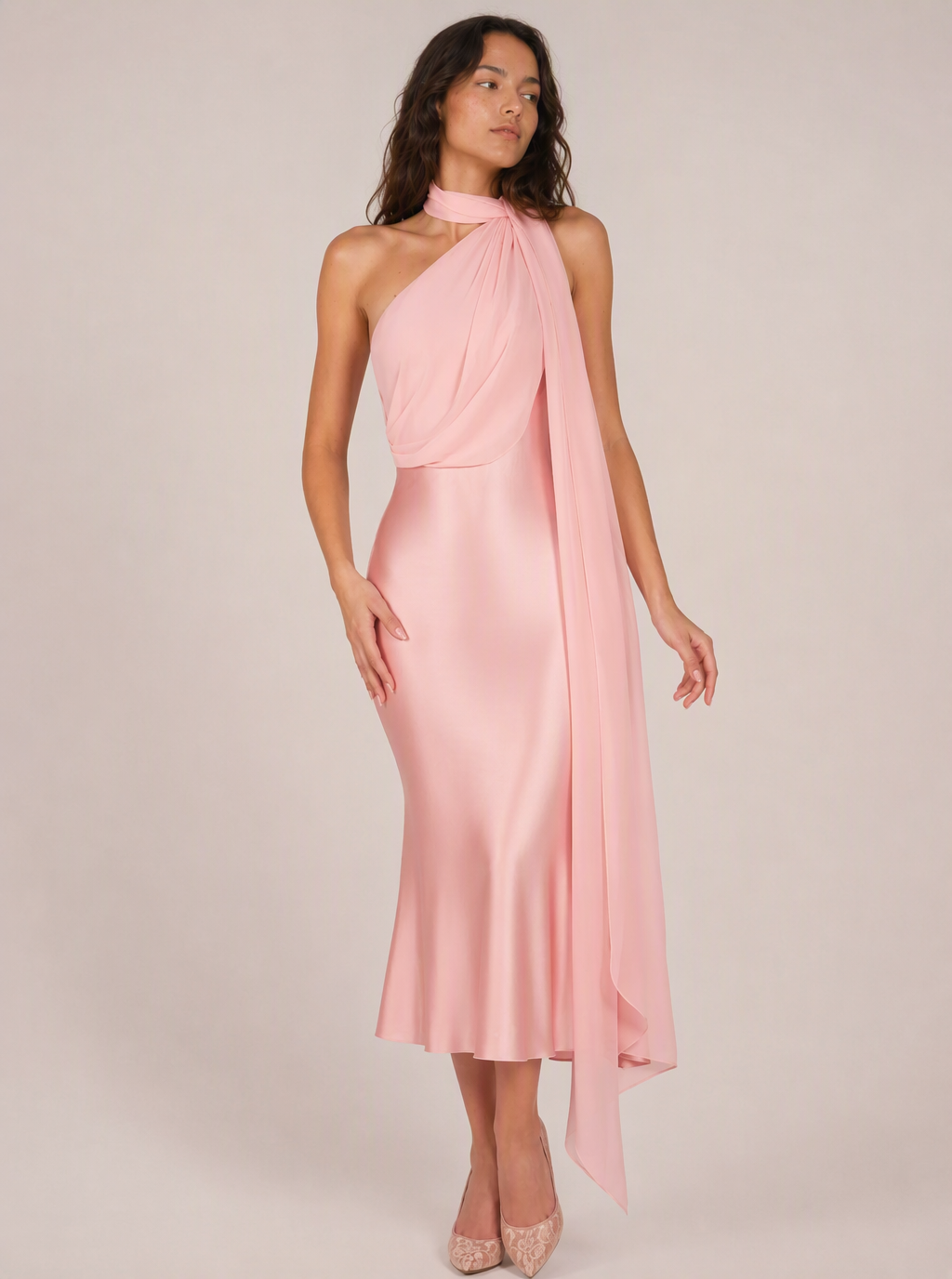 Zephrina Orianne scarf-drape midi dress in pink
