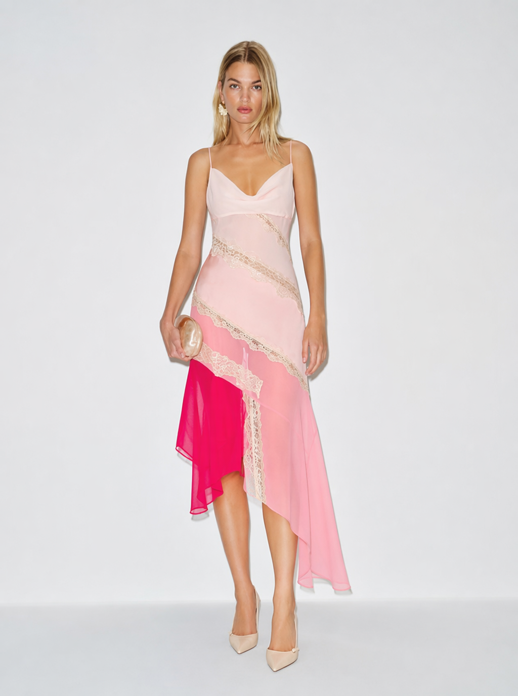 Zephrina pink asymmetric lace-panel midi dress with slim straps