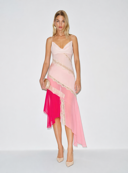 Zephrina pink asymmetric lace-panel midi dress with slim straps