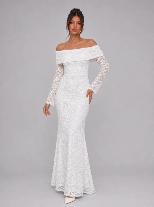 Zephrina Emmeline off-shoulder lace maxi dress in white