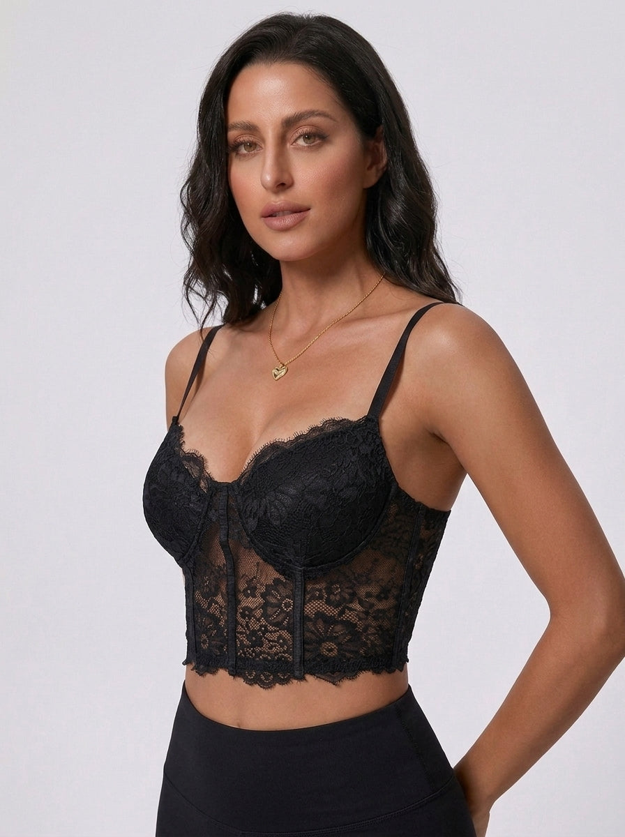 Zephrina longline floral lace bra in black