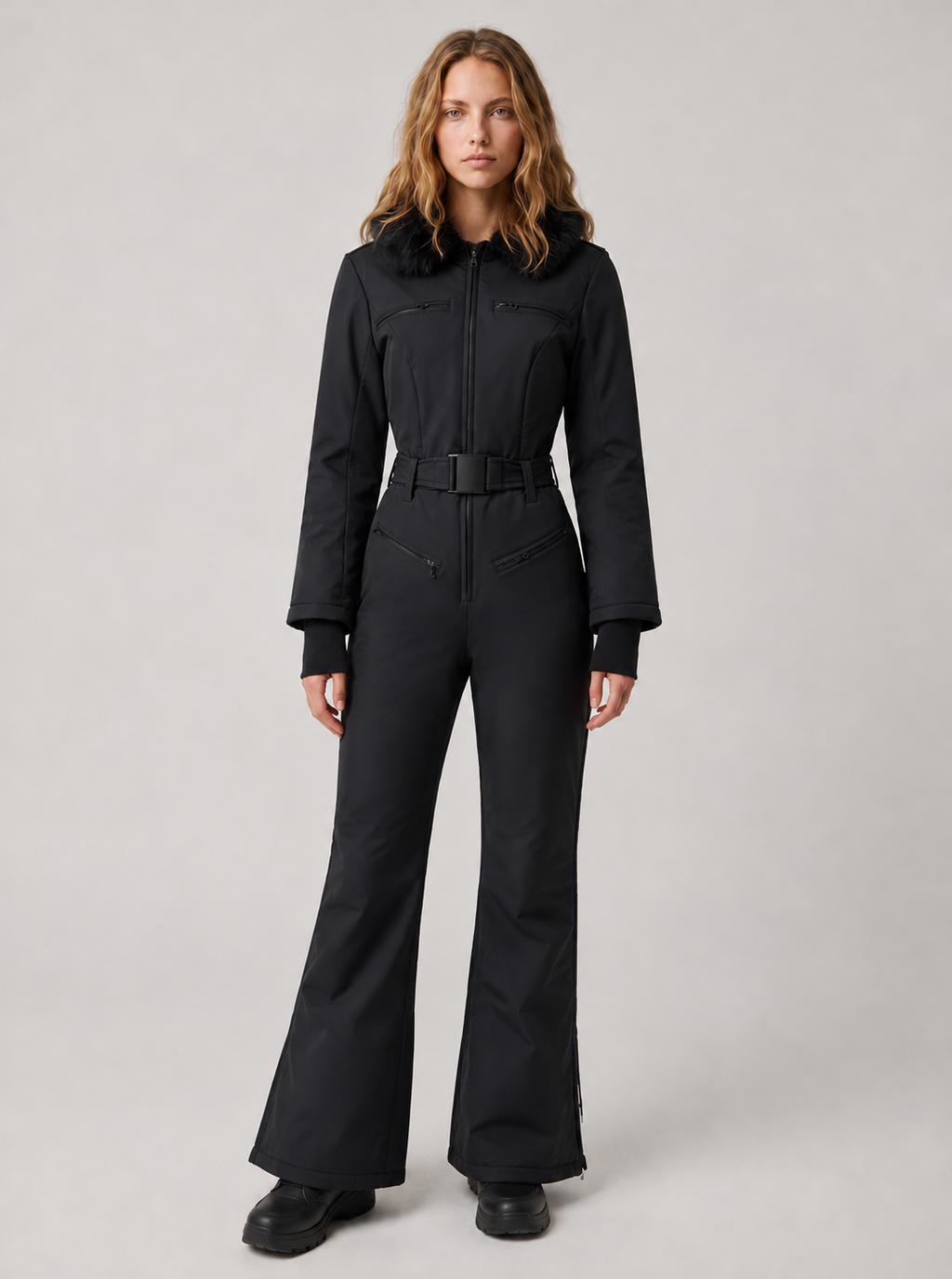 Zephrina Signe belted flared one-piece ski suit in black