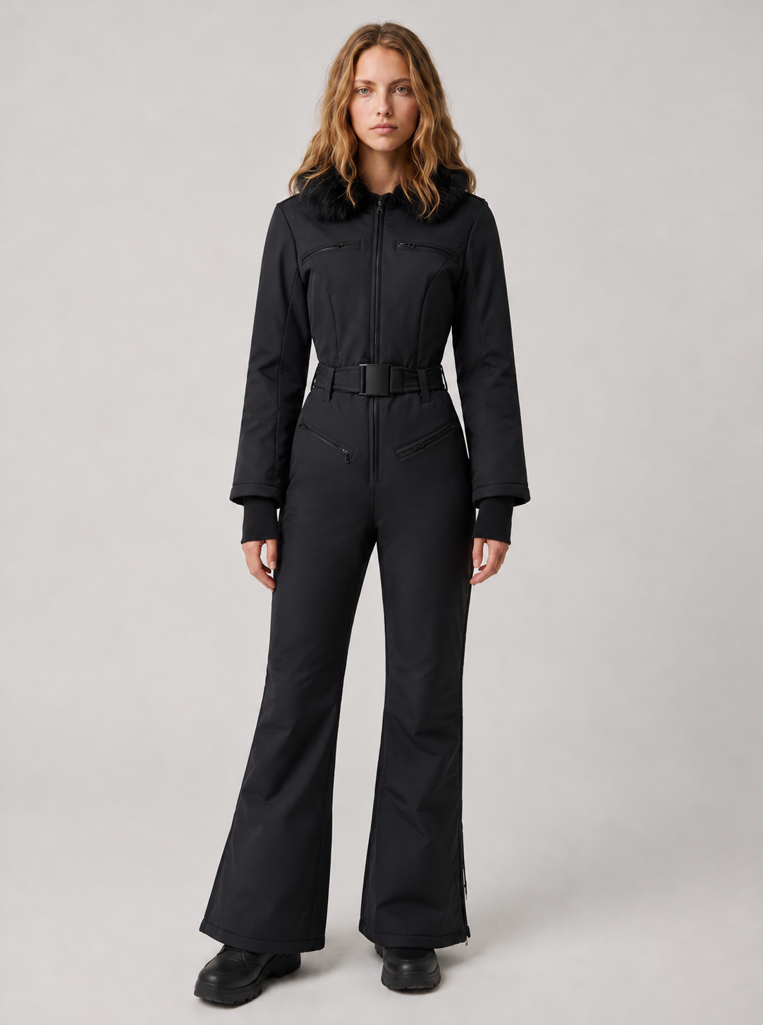 Zephrina Signe belted flared one-piece ski suit in black