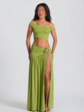 Avocado Green Off Shoulder Crop Top & High Slit Maxi Skirt