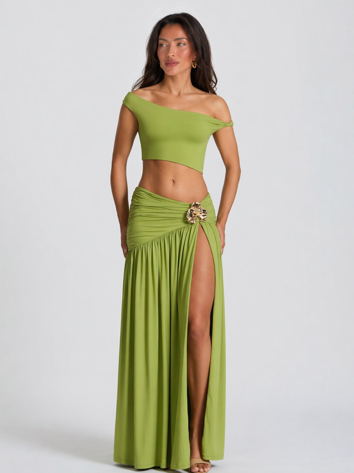 Avocado Green Off Shoulder Crop Top & High Slit Maxi Skirt