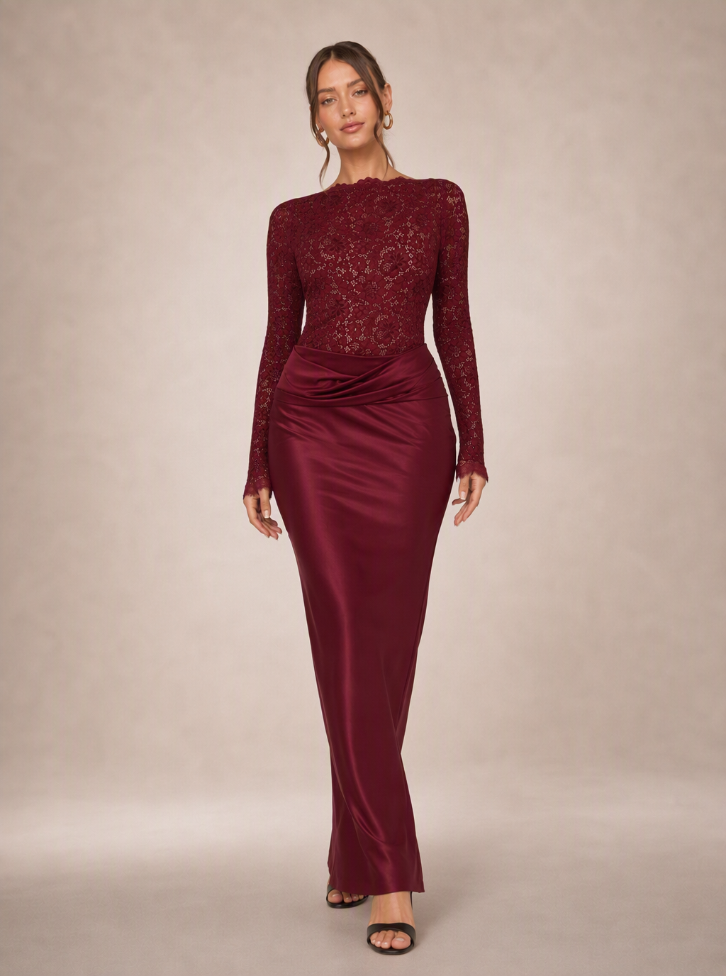 Zephrina Rosavelle lace sleeve satin maxi dress in burgundy