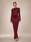Zephrina Rosavelle lace sleeve satin maxi dress in burgundy
