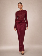 Zephrina Rosavelle lace sleeve satin maxi dress in burgundy