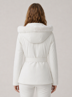 Zephrina Lovisa belted plush-collar hooded jacket in white