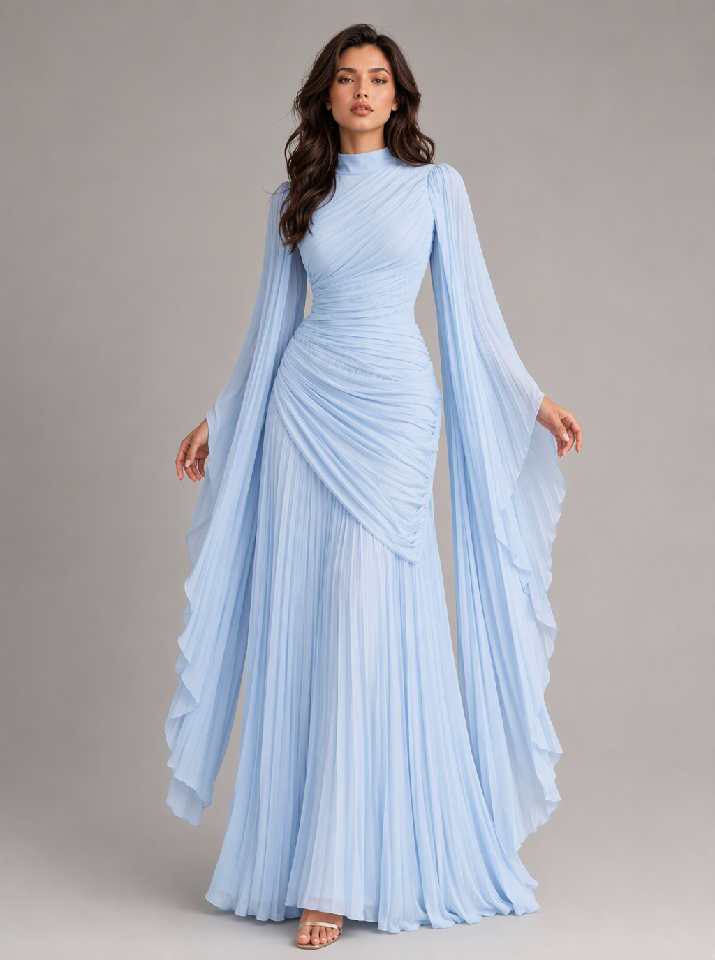 Zephrina Adelais pleated cape-sleeve maxi dress in burgundy