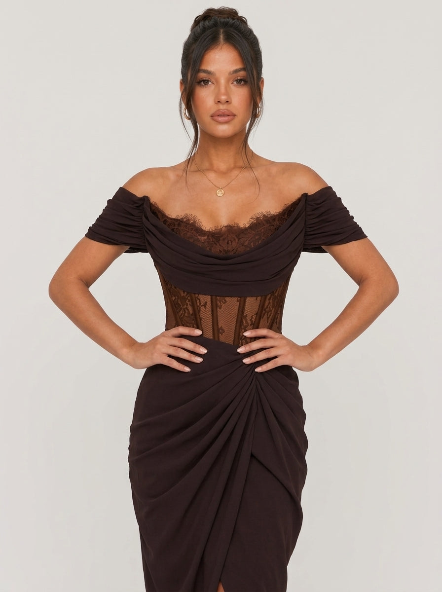 Zephrina Vienne lace drape midi dress in brown