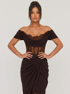 Zephrina Vienne lace drape midi dress in brown