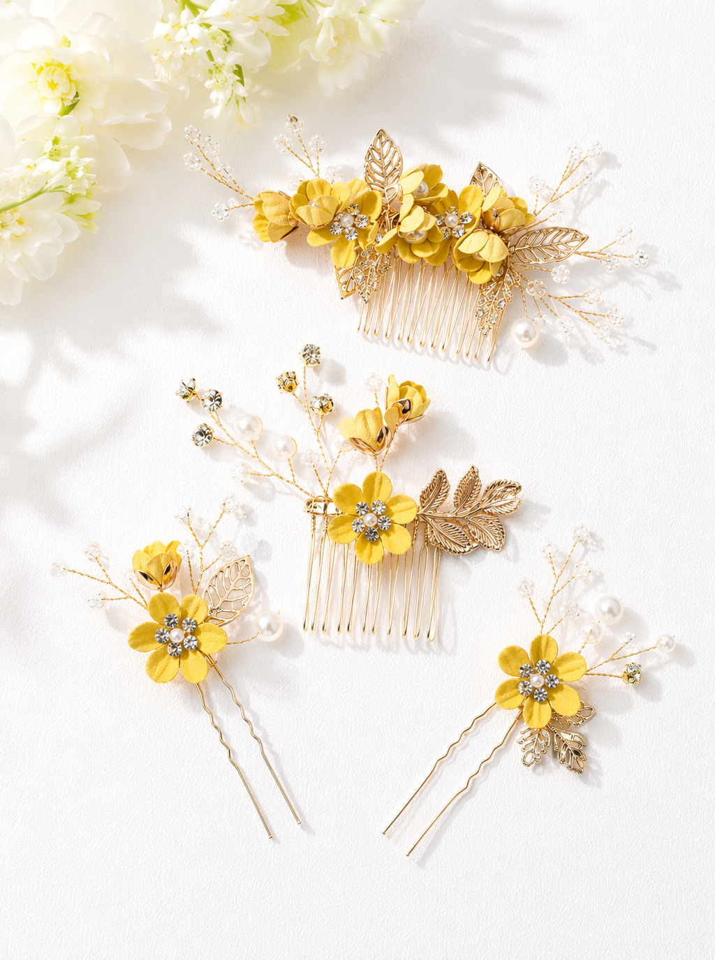 Zephrina floral pearl hair jewelry set with gold-tone leaves