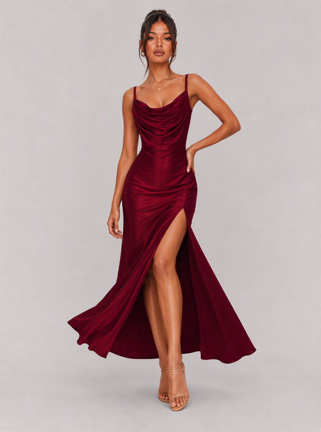 Zephrina Evelina draped satin maxi dress in burgundy