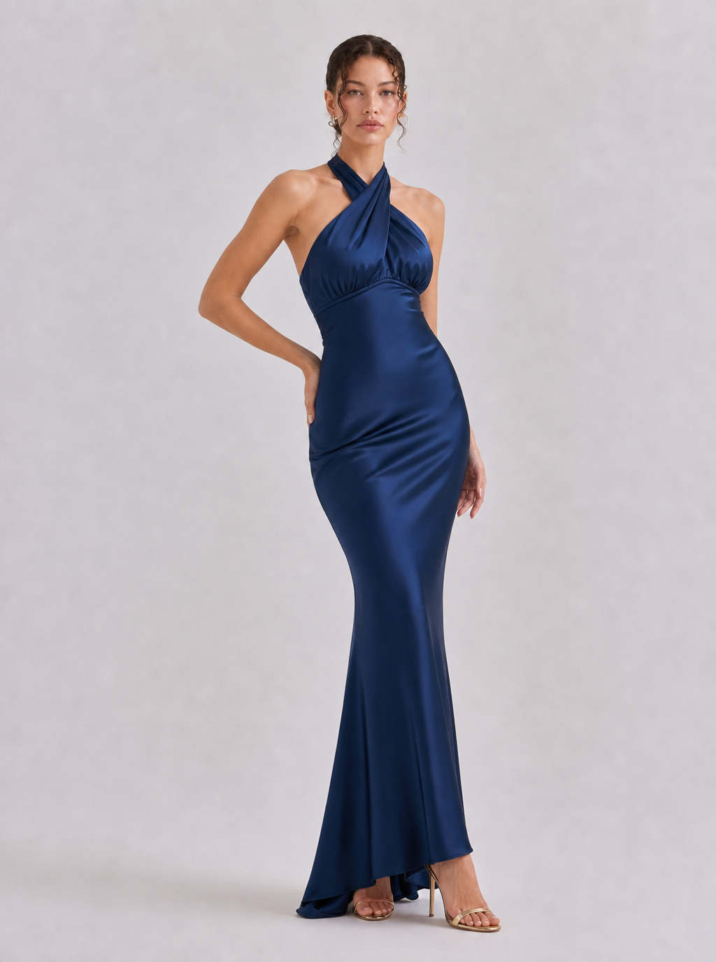 Zephrina Amandine cross-halter satin maxi dress in navy