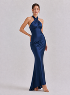 Zephrina Amandine cross-halter satin maxi dress in navy