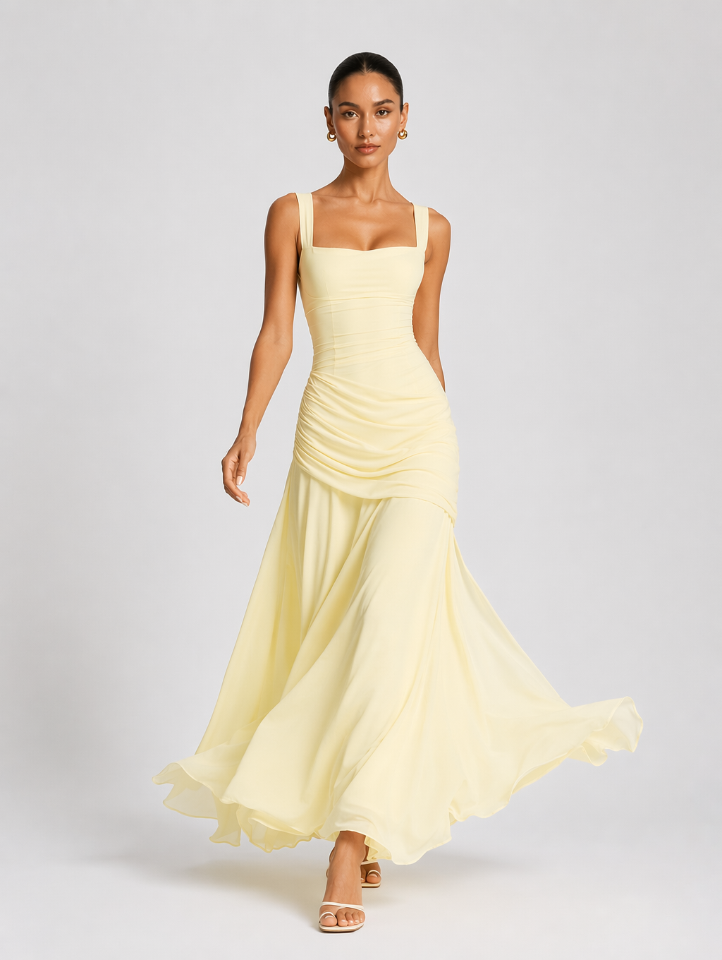 Yellow Square Neckline Pleated Maxi Dress