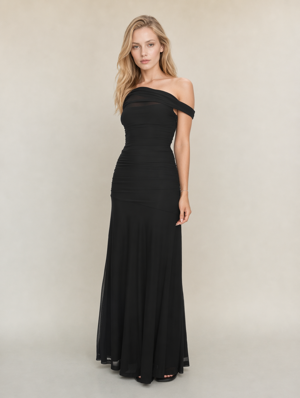 Black Asymmetric Neckline Mesh Maxi Dress