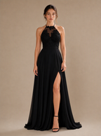 Zephrina Anastasie lace-halter chiffon slit maxi dress in black