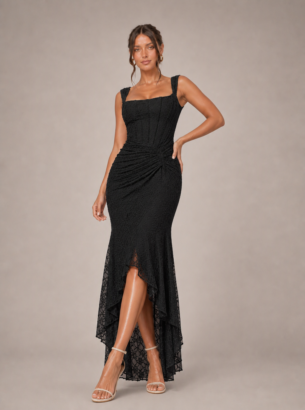 Zephrina Isabeau jacquard high-low maxi dress in black