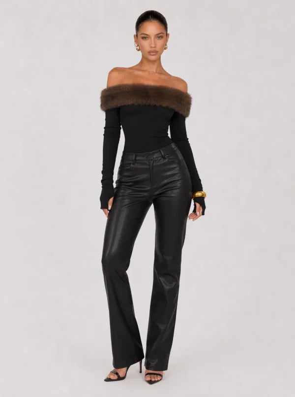 Zephrina Leonora faux-fur off-shoulder knit top in black