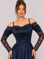 Zephrina Eleanora lace-panel satin maxi dress in navy