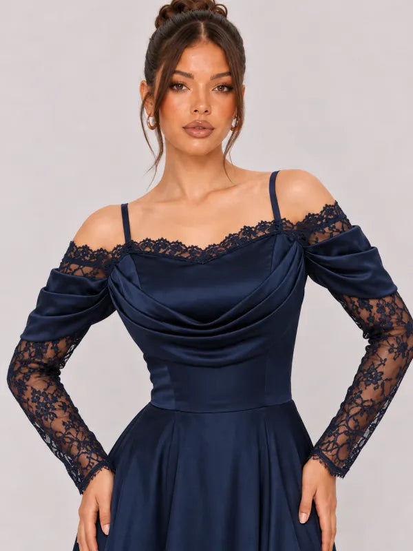 Zephrina Eleanora lace-panel satin maxi dress in navy