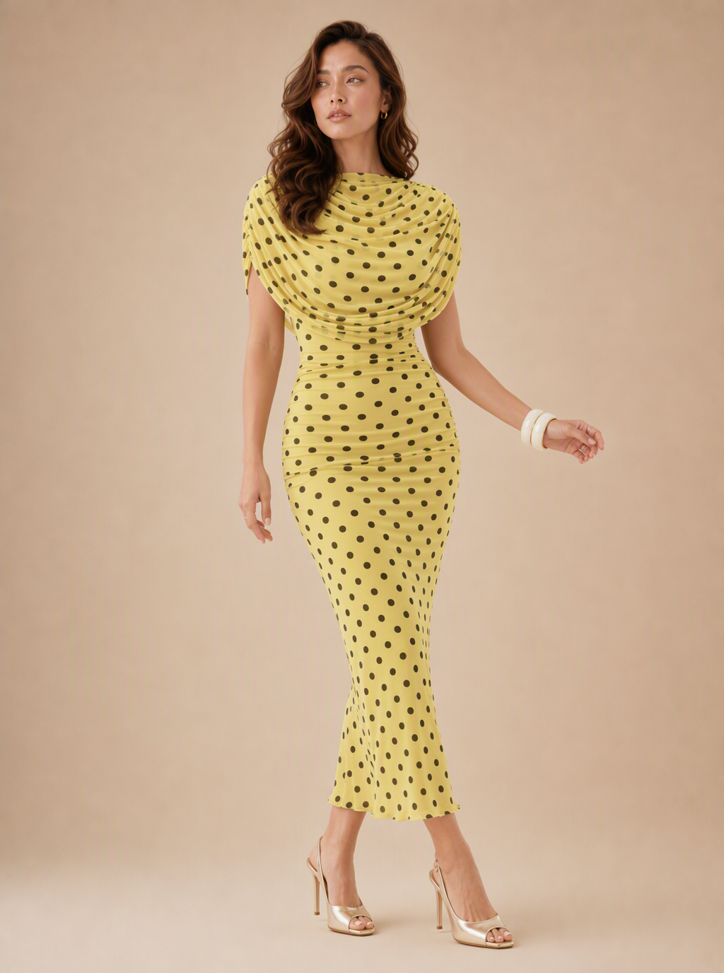 Zephrina Maelys draped polka dot midi dress in white