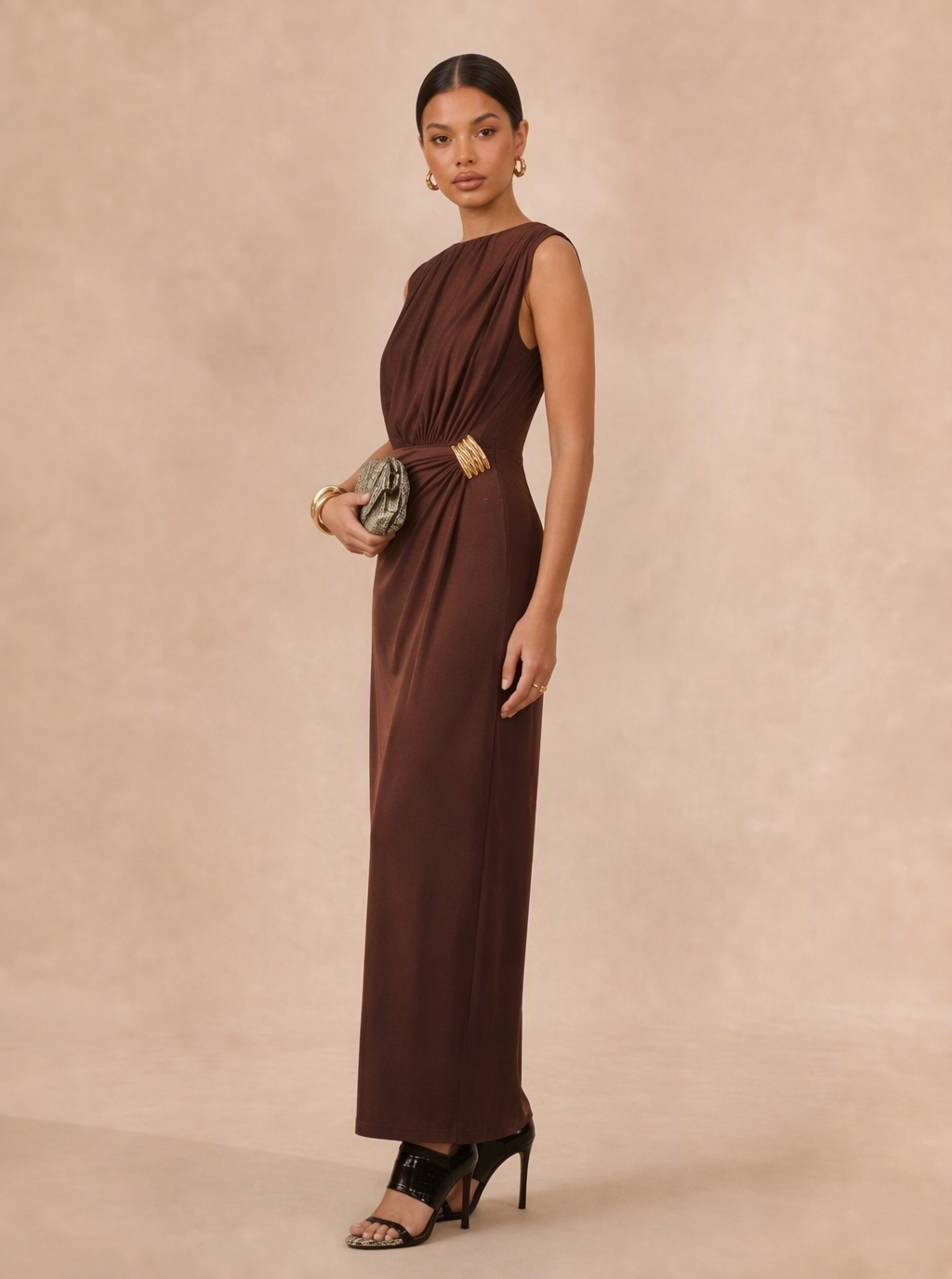 Zephrina Florentia gathered-waist maxi dress in coffee
