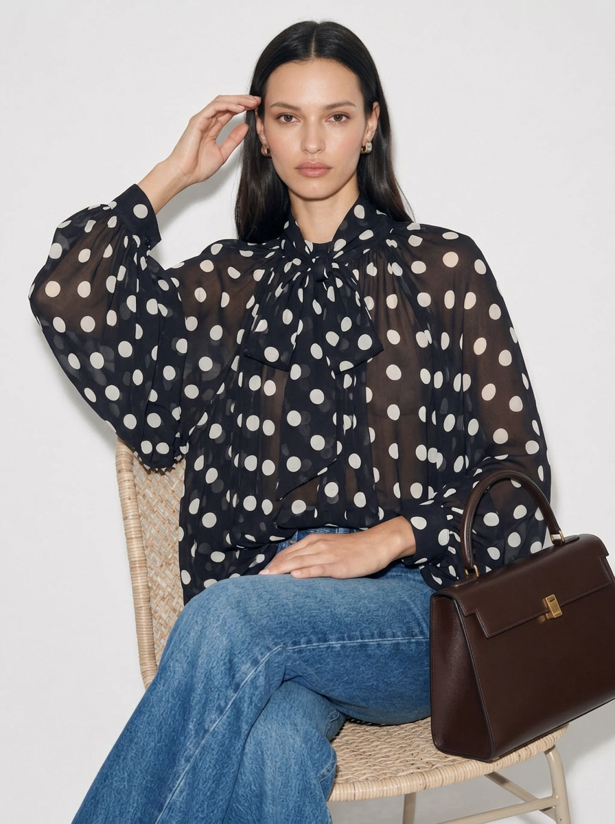 Camille Polka-Dot Oberteil mit Bindekragen