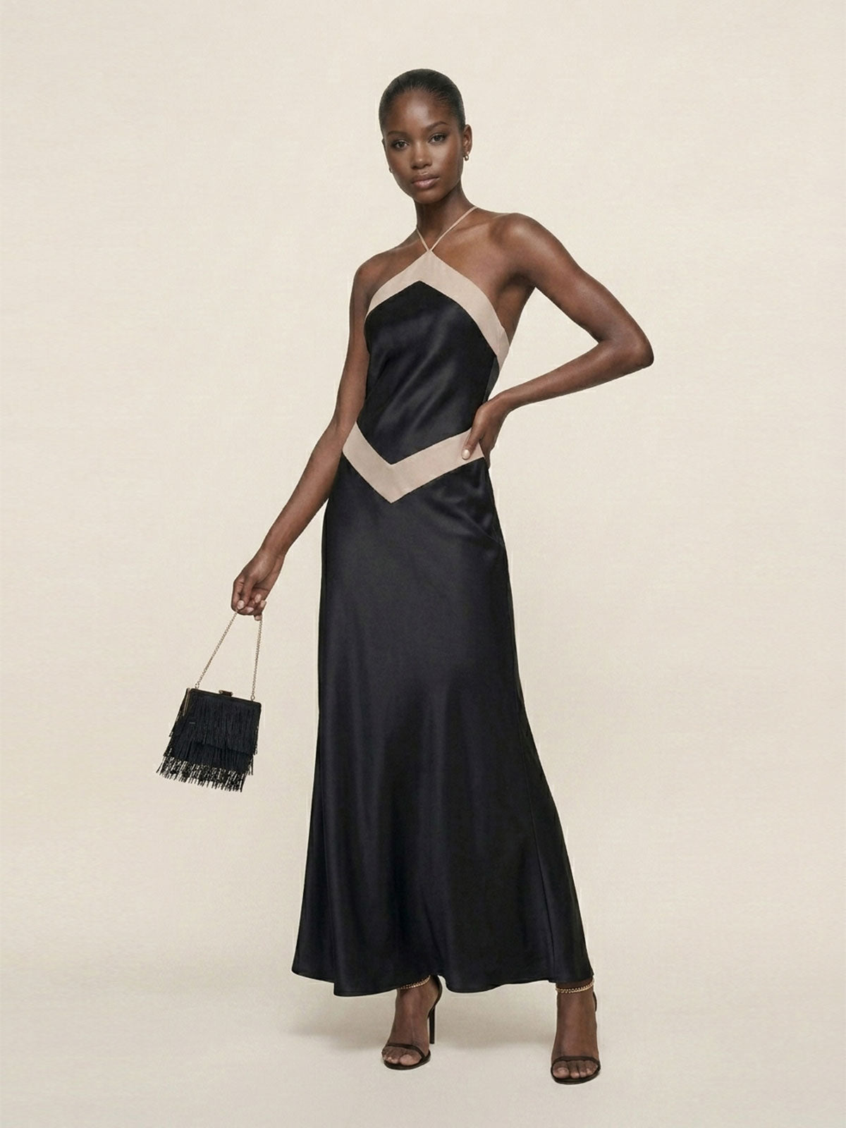 Contrast-Trim Satin Halter Maxi Dress