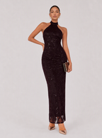 Zephrina Odeline halter sequin maxi dress in reddish brown