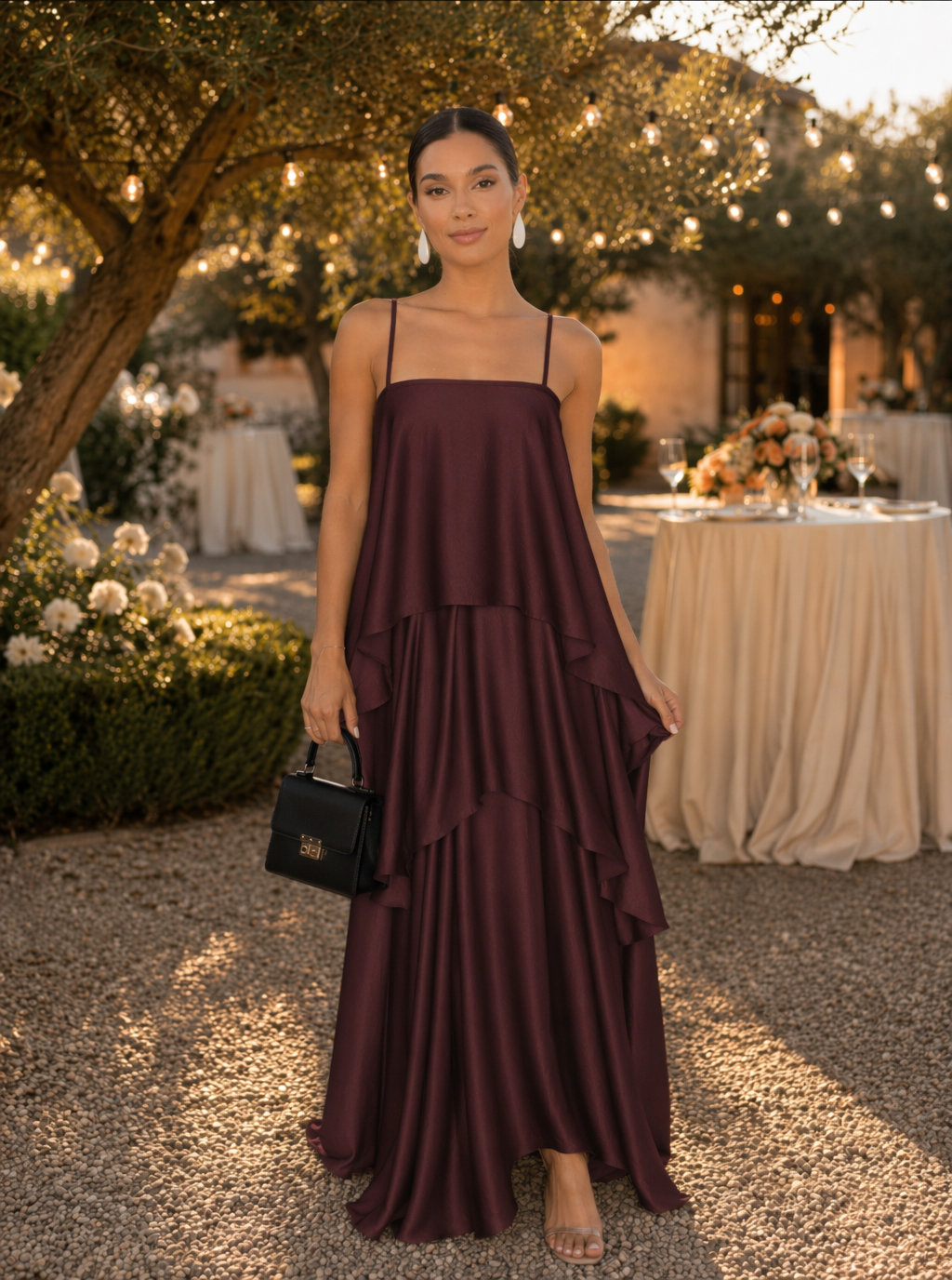 Gestuftes Satin-Maxikleid Solene