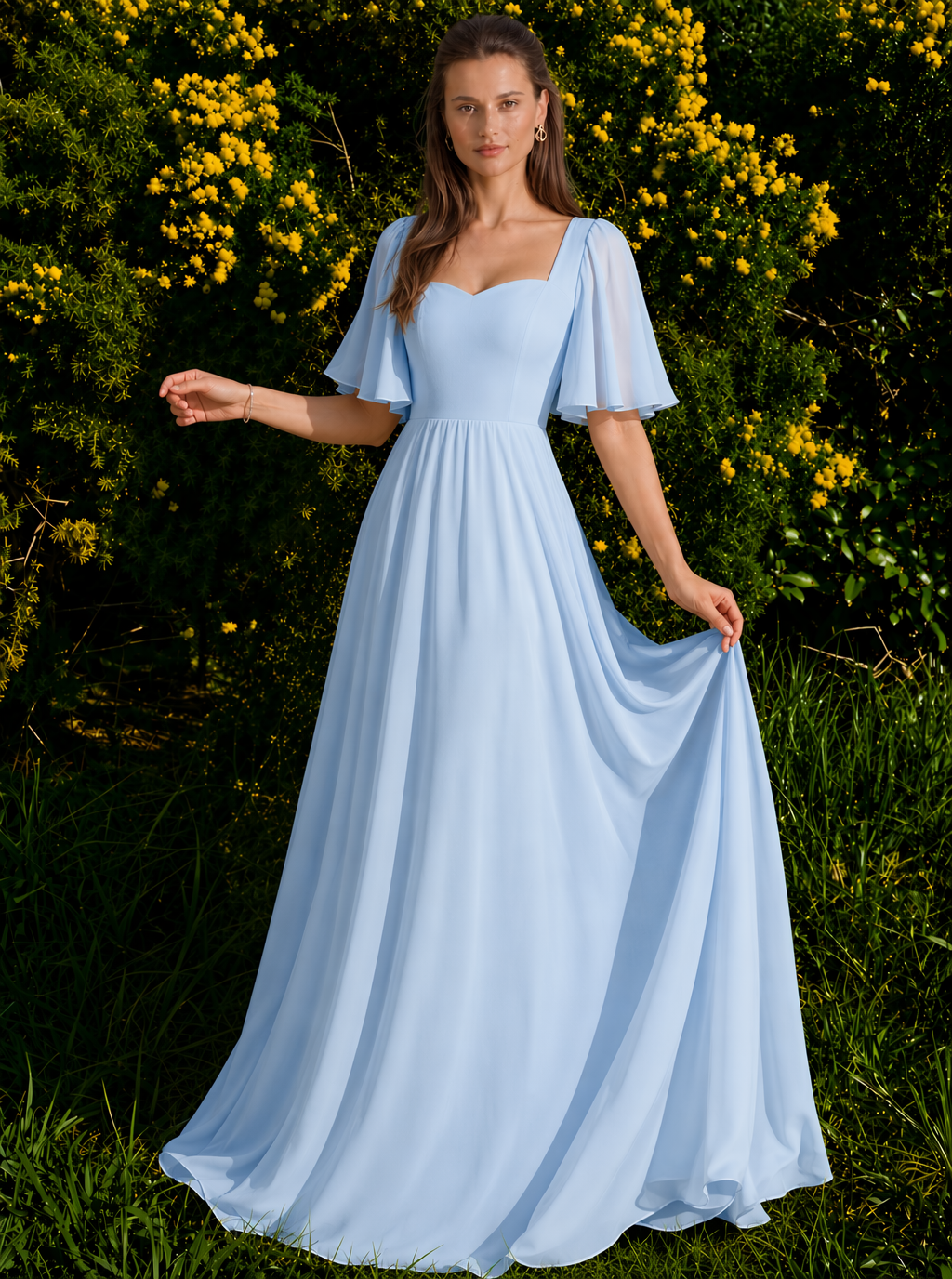 Zephrina Giselle flutter-sleeve chiffon maxi dress in yellow