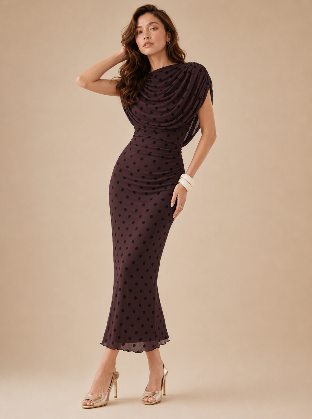 Zephrina Maelys draped polka dot midi dress in white