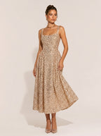 Roma Pailletten-Midikleid in Champagner