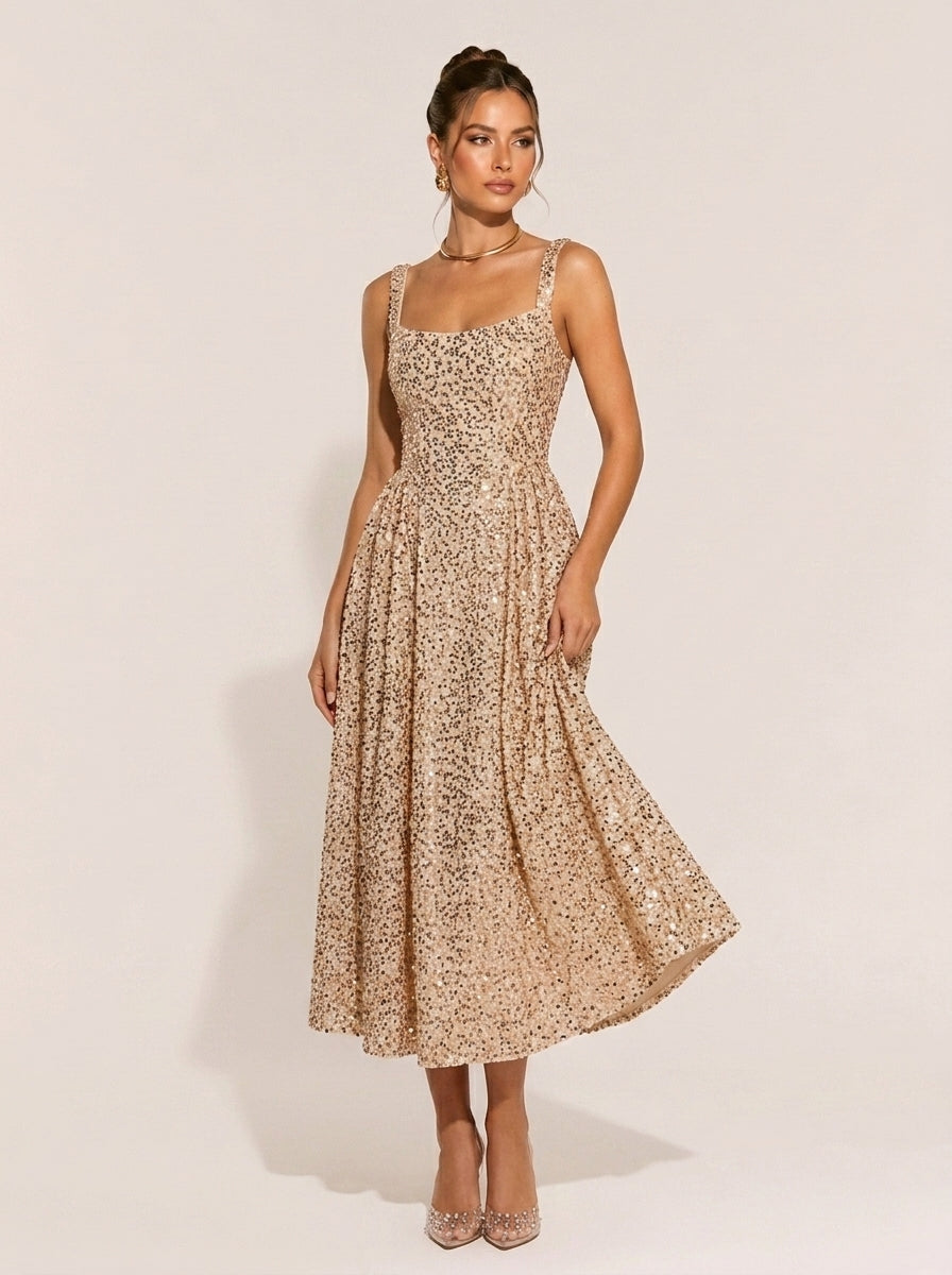 Champagne Sequin Midi Dress