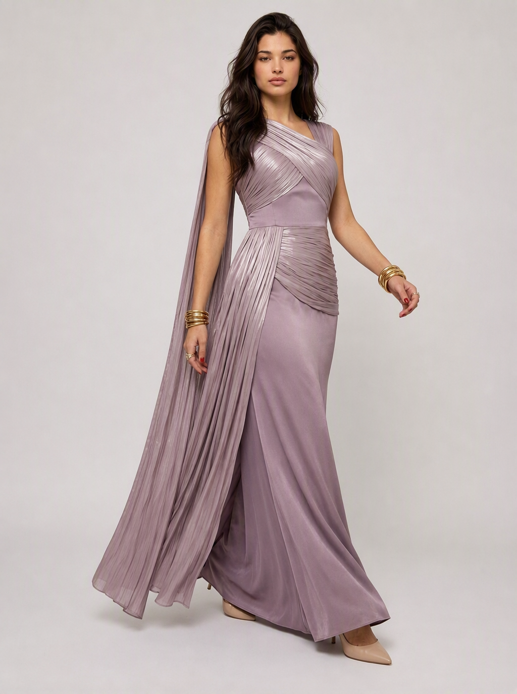 Zephrina Serenelle pleated satin maxi dress in dusty purple