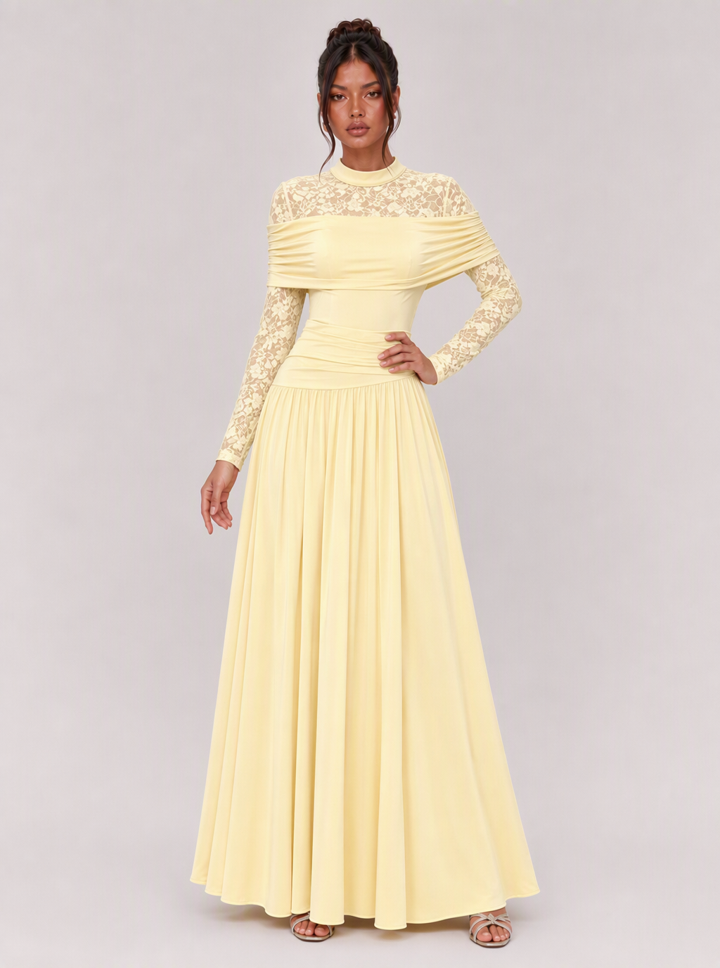 Zephrina Eulalia lace-sleeve draped maxi dress in red
