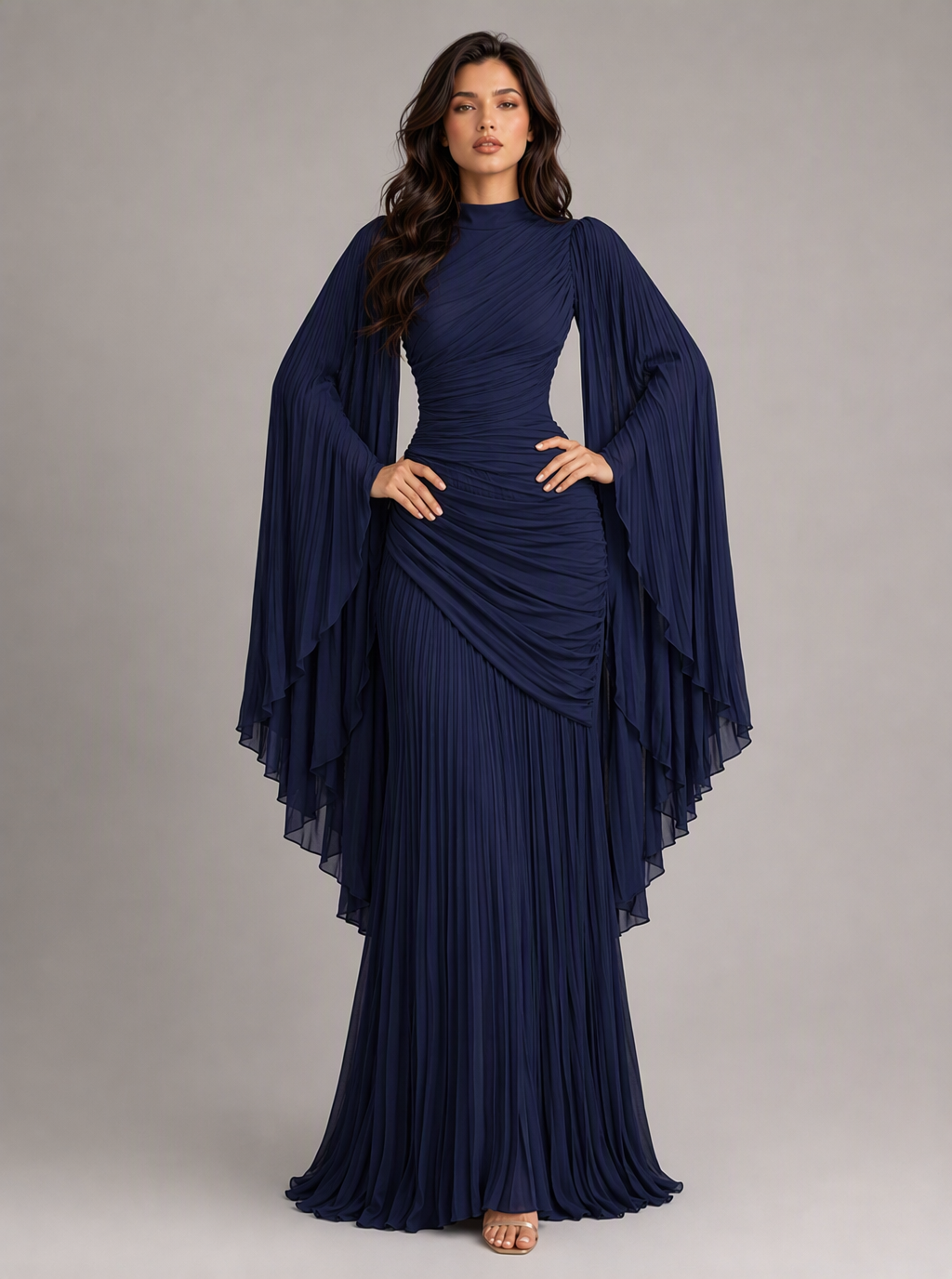 Zephrina Adelais pleated cape-sleeve maxi dress in burgundy